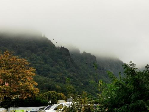 a misty mountain with trees and buildings on it at Pension im Tal der Stille in Treseburg