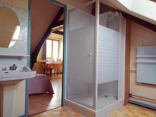 a glass shower in a bathroom with a sink at Chambres d'Hôtes " Le Clos des Colimaçons " in Maniquerville