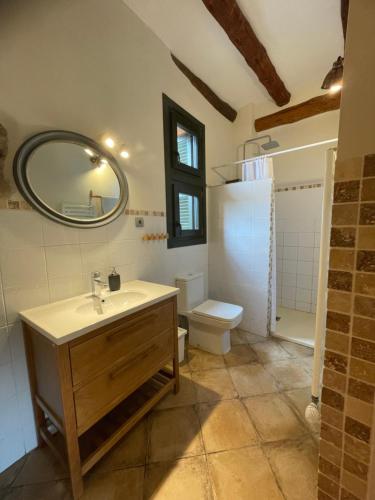 a bathroom with a sink and a toilet and a mirror at Maset del Riu in Valderrobres