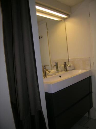 une salle de bain avec un lavabo et un miroir dans l'établissement Gîte du Marronnier, à Magné