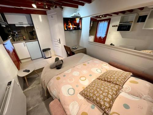 une petite chambre avec un lit et un miroir dans l'établissement Tout à pied ! Gare & Vieux Rouen - 367, à Rouen