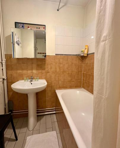 une salle de bain avec un lavabo et une baignoire dans l'établissement Appartement central Paris et confortable, à Paris