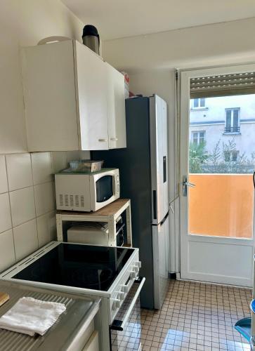 La cuisine est équipée d'un four micro-ondes et d'un réfrigérateur. dans l'établissement Appartement central Paris et confortable, à Paris