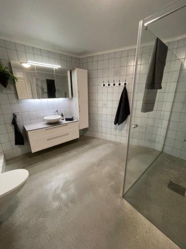 a bathroom with a shower and a sink and a toilet at Recently Refurbished Farm House in Larvik