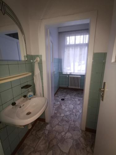 a bathroom with a sink and a mirror at Pension im Tal der Stille in Treseburg