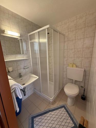 a bathroom with a toilet and a shower and a sink at Pension Plattenhof in Telfs