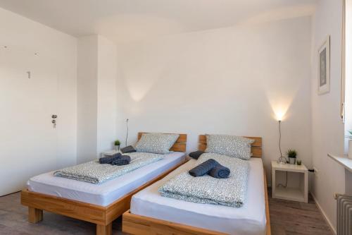 a bedroom with two beds with blue pillows on them at Pension am Hohberghof Dielheim in Dielheim