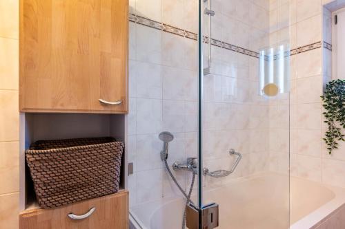 a bathroom with a shower and a bath tub at Pension am Hohberghof Dielheim in Dielheim