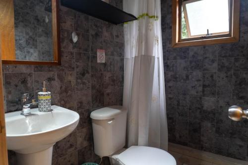 a bathroom with a toilet and a sink at Cabañas Altos de carewe , Lican Ray chile in Licán Ray