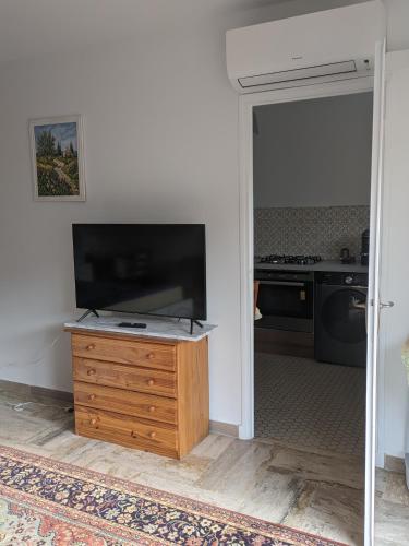 - un salon avec une télévision sur une commode en bois dans l'établissement Appartement spacieux et calme, à Saint-Raphaël