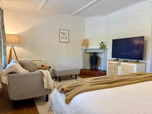 a bedroom with a bed and a tv and a chair at Goat Square House - Historic Row Cottages in Tanunda