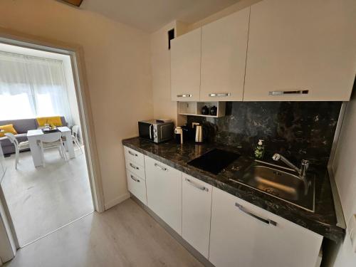 una cucina con un lavello e un piano di lavoro di Dani's Lakeside Apartment in Euroresidence a Garda