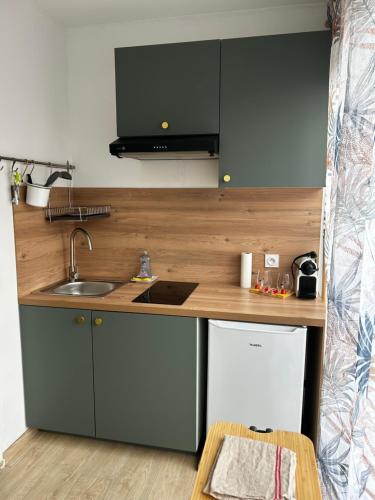 une cuisine avec un évier et un plan de travail dans l'établissement Studio chaleureux et cosy à 10 minutes de la plage, à Sanary-sur-Mer