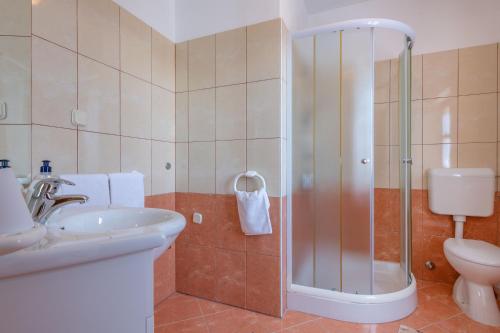un bagno con doccia, lavandino e WC di Vila Rimanici, a wonderful and sunny pet friendly villa a Pićan
