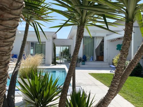 une villa avec piscine et palmiers dans l'établissement Villa de Mer, première ligne, plage et piscine, à Lège-Cap-Ferret