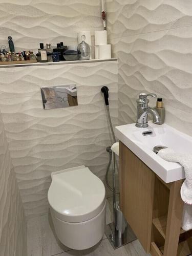 une salle de bain avec toilettes et lavabo dans l'établissement Cosy, chic, touristique, à Paris