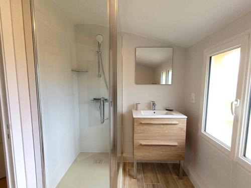 une salle de bain avec un lavabo et un miroir dans l'établissement Maison avec WIFI, jardin, terrasse à l'ILE GRANDE - PLEUMEUR-BODOU - Réf 270, à Pleumeur-Bodou