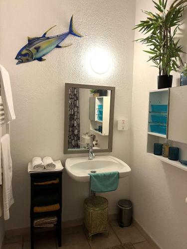 La salle de bains est pourvue d'un lavabo et d'un poisson sur le mur. dans l'établissement SAINT FLORENT - STUDIO 2 couchages Avec Piscine, à Saint-Florent