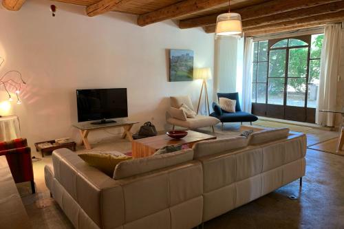 un salon avec un canapé et une télévision dans l'établissement F5 house with private pool in Châteaurenard, à Châteaurenard
