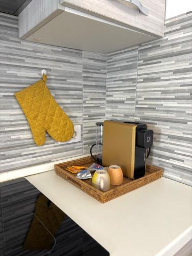 a kitchen with a counter with a toaster on a shelf at Il Vicolo, 200m dal centro storico, 25 min da Roma in Monterotondo