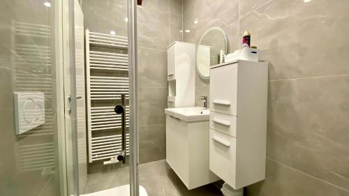 une salle de bain blanche avec un lavabo et une douche dans l'établissement Little Plaza Duplex, à Ljubljana