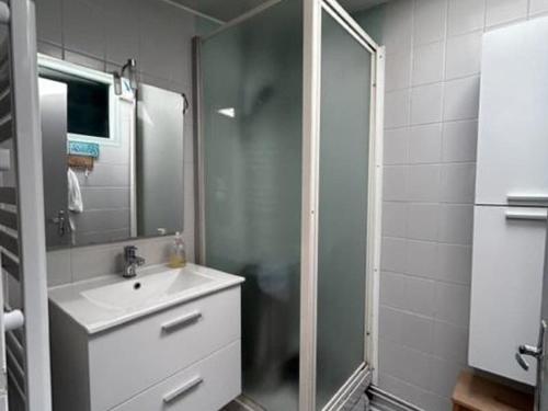 une salle de bain avec un lavabo et une douche avec un miroir dans l'établissement Ninette, à Fort-Mahon-Plage