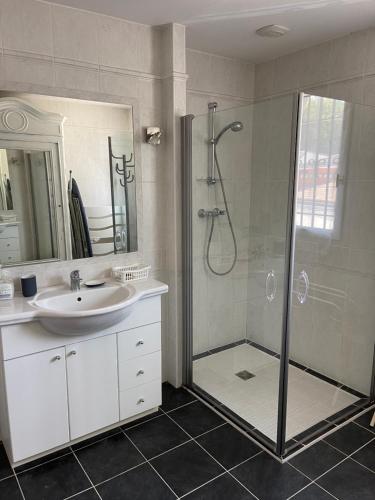 une salle de bain avec douche et lavabo dans l'établissement Chambre meublée, à Cornebarrieu