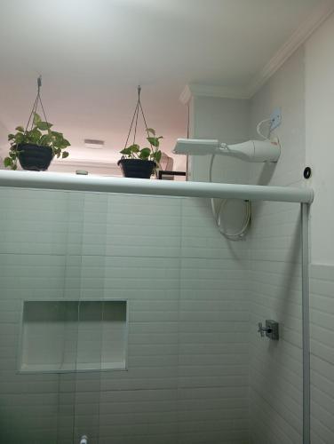 a shower with two potted plants on a wall at Beira mar 2 in Santos
