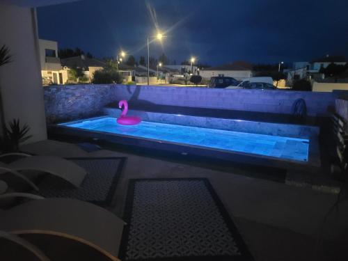 - une piscine avec un cygne rose assis dans l'établissement Magnifique Villa piscine privée jacuzzi, à Saint-Féliu-dʼAvall