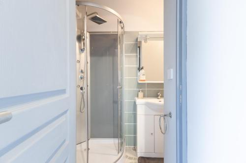 une salle de bain avec douche et lavabo dans l'établissement Le Patio Bleu - Les CAMOINS, à Marseille