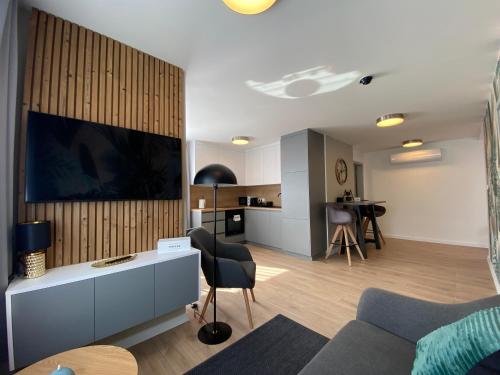 a living room with a tv and a couch and a table at REMZ Apartments & Wellness in Dorog