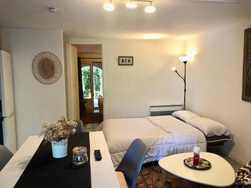 une chambre d'hôtel avec un lit et une table dans l'établissement Appartement Yucca entre Mer Montagne, à Pérols