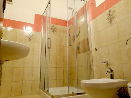 a bathroom with a shower and a toilet and a sink at Giardino Bellavista Casa Vacanze in Castel del Piano