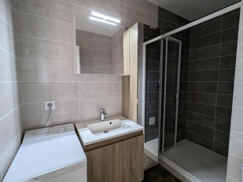 une petite salle de bain avec un lavabo et une douche dans l'établissement Sol-y-Days Murènes, Grand studio confortable avec parking, proche du centre ville et de la plage, au Grau-du-Roi
