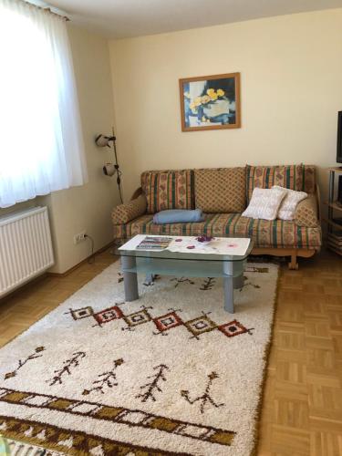 a living room with a couch and a coffee table at Ferienwohnung Klippenblick in Holzhausen