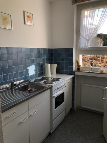 a kitchen with a stove and a sink and a window at Ferienwohnung Klippenblick in Holzhausen
