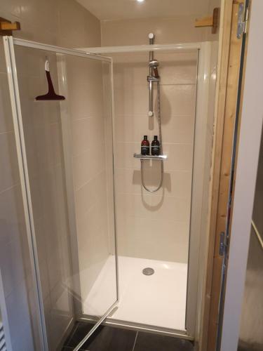a shower with a glass door in a bathroom at Quiétude Vexinoise in Boury-en-Vexin