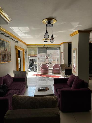 a living room with purple couches and a table at Stylish Hotel Old City in Istanbul