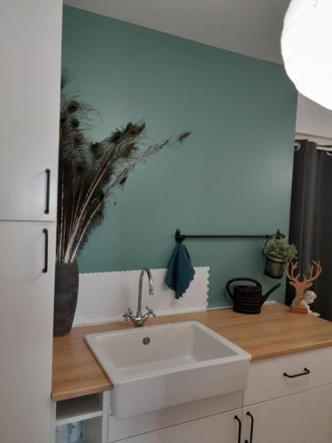 une salle de bain avec un lavabo et un mur végétal dans l'établissement Jolie maison avec piscine en centre village, à Salles