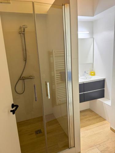 une salle de bain avec douche et lavabo dans l'établissement La Plage - Front de mer - Terrasse - Unique, à Vieux-Boucau-les-Bains