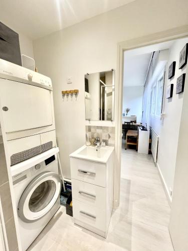 une salle de bain avec une machine à laver et un lavabo dans l'établissement Agreable Studio Saint-Germain-en-Laye, à Saint-Germain-en-Laye