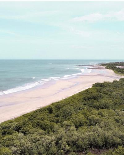 an aerial view of a beach with trees and the ocean at Villas Vibras in Playa Avellana