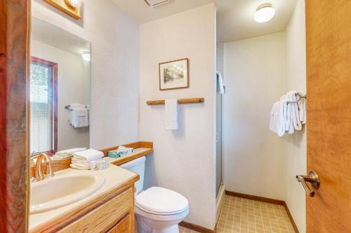 een badkamer met een wastafel, een toilet en een douche bij 1 Raccoon Lane in Sunriver
