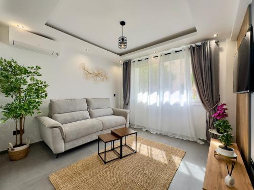 un salon avec un canapé et une table dans l'établissement Cannes Évasion by SCLS Locations, à Cannes