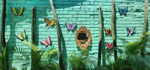 a wall with a mirror and butterflies on it at Dunas Tatacoa in Villavieja