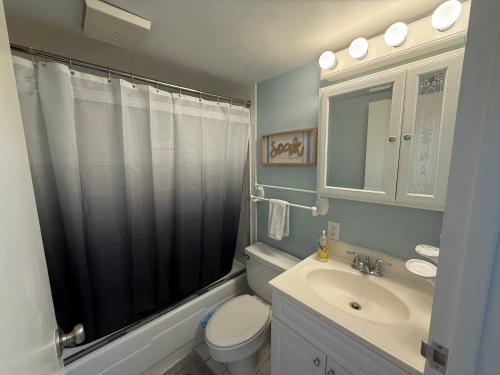 a bathroom with a toilet and a sink and a shower at Oceanfront condo, ocean view and indoor pool in Virginia Beach