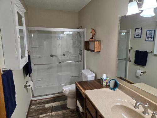 een badkamer met een douche, een toilet en een wastafel bij Swan's Woodland Getaway Condo in Reeds Spring