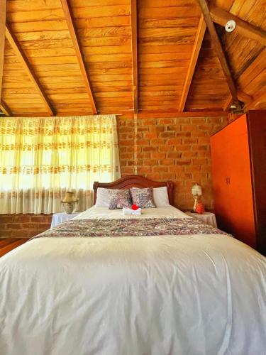a bedroom with a white bed with a brick wall at Natural Lodge in Madre Tierra