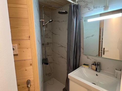 une salle de bain avec une douche, un lavabo et un miroir dans l'établissement Studio 4 pers. proche pistes et commerces, balcon, animaux acceptés - FR-1-502-417, à Tignes