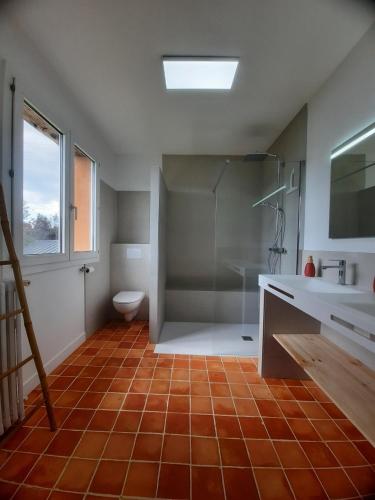 une salle de bain avec une douche, des toilettes et un lavabo dans l'établissement Villa de Campagne au bord de l'Adour, à Saint-Laurent-de-Gosse